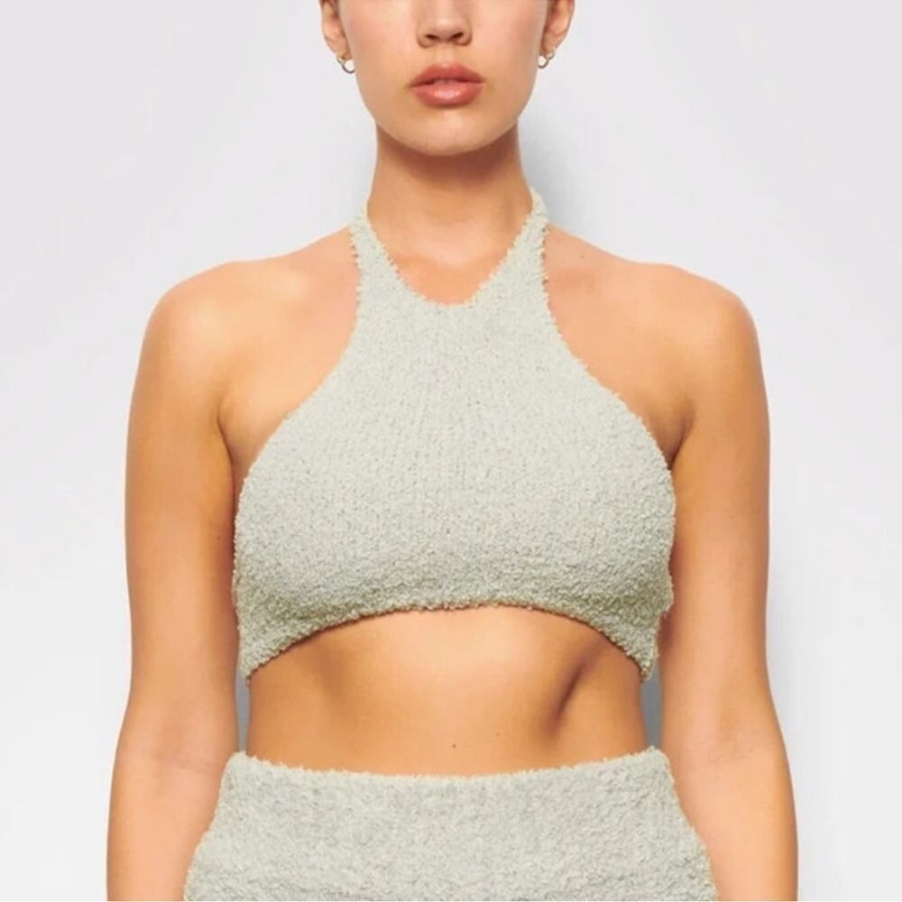 SKIMS C3 Cozy Knit Halter Bra Top Tie Neck Bralette in Aqua Blue NWT Size 2X/3x